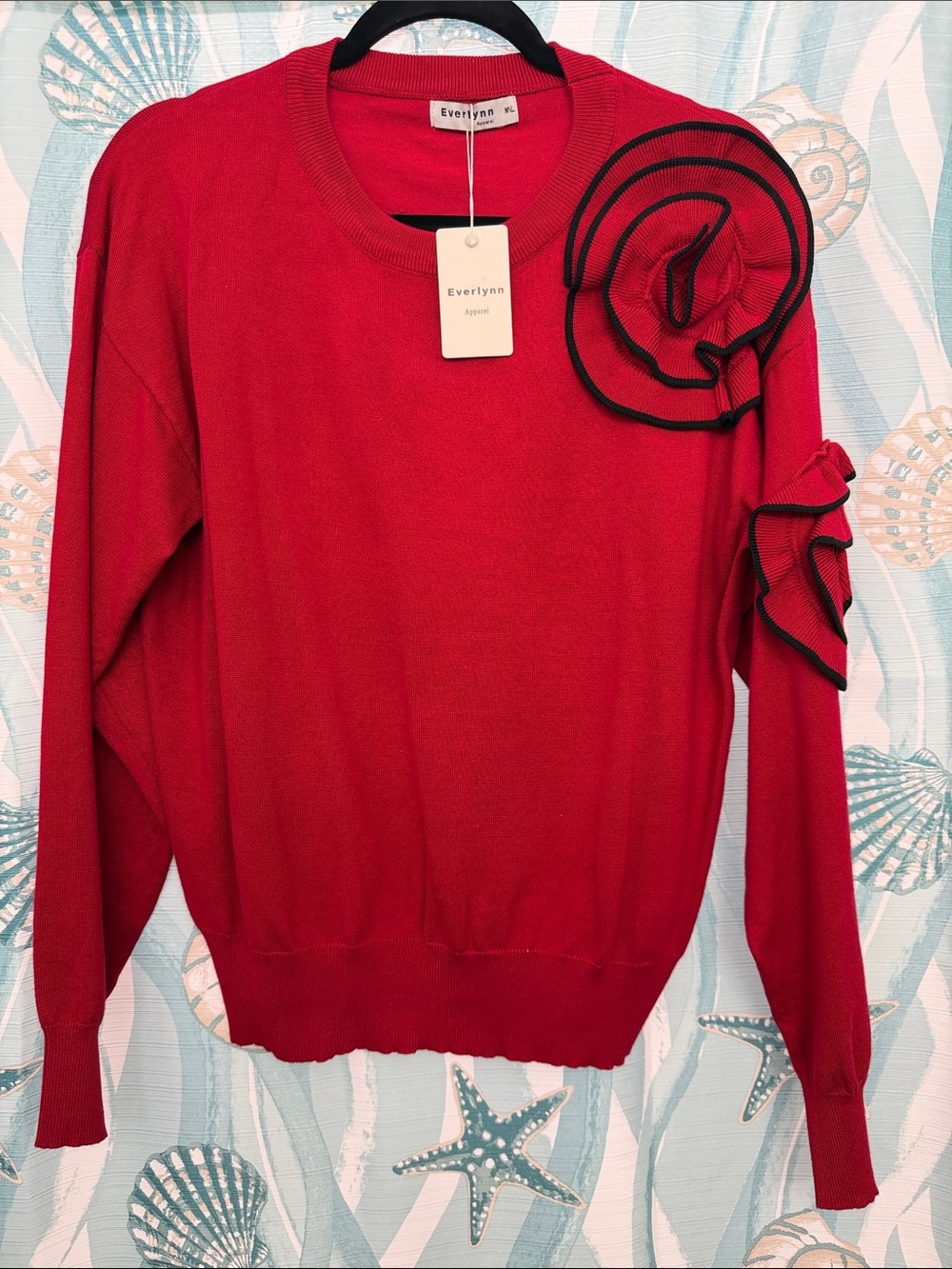 Everlynn Red Sweater with Black-Trim Floral Rosette